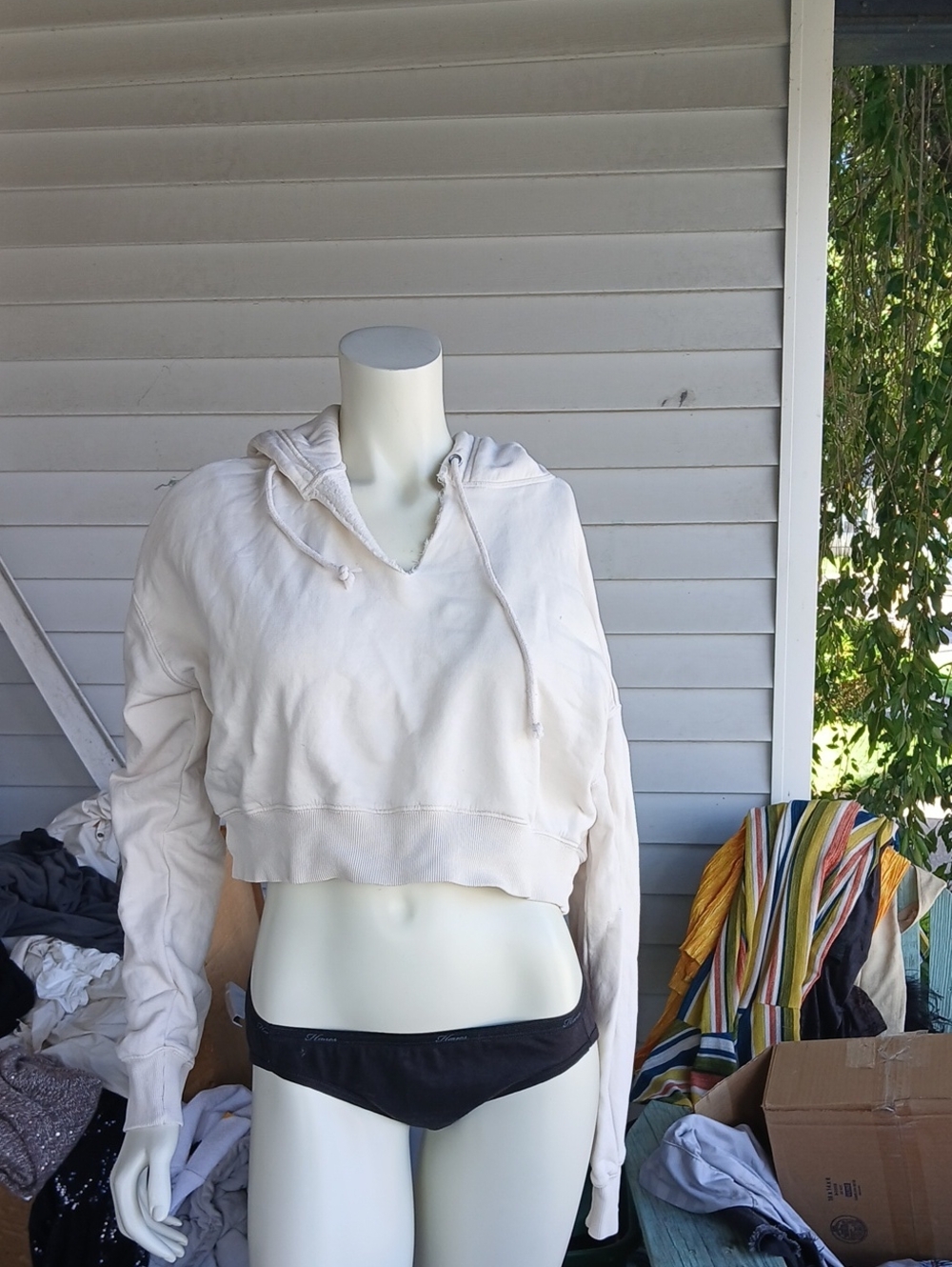 Good American Cropped White Hooded Sweatshirt